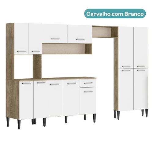 Armário de Cozinha Compacta Completa Arizona Plus Carraro Carvalho com Branco