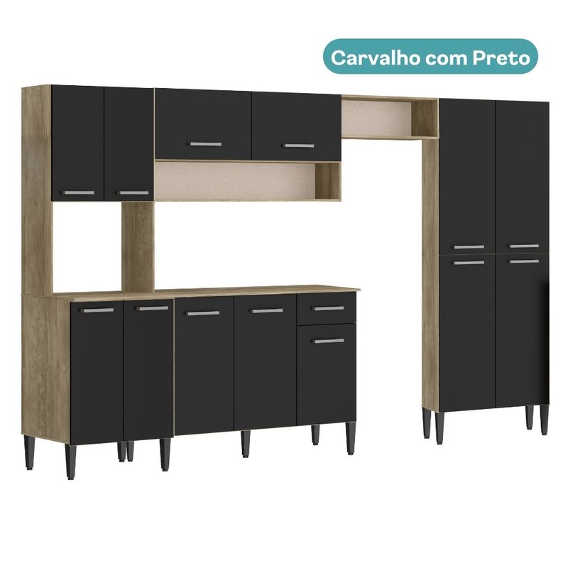 Armario-de-Cozinha-Compacta-Completa-Arizona-Plus-Carraro-Carvalho-com-Preto