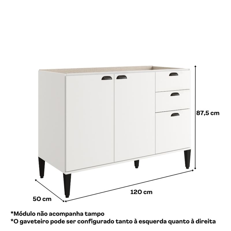 Balcao-de-Cozinha-1200mm-2-Portas-3-Gavetas-Sem-Tampo-Lotus-Carraro-Branco