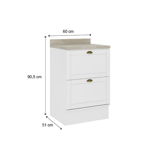 Balcão de Cozinha 60 cm 2 Gavetas MDF c/ Tampo Milla Carraro Branco