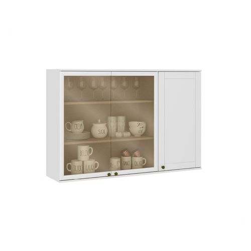 Armário Aéreo de Cozinha 120 cm 2 Pts de Vidro e 1 Pta MDF Milla Carraro Branco