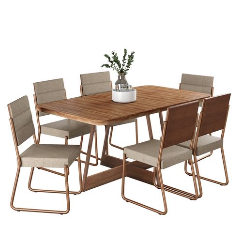 Conjunto Sala de Jantar 6 Cadeiras Charlotte Carraro Nogal com Rose