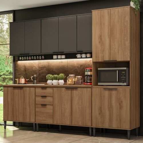 Armário de Cozinha Completa c/ Tampo Lótus Essence Carraro Freijó Preto Touch