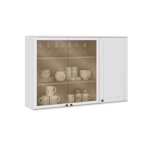 Armário Aéreo de Cozinha 120 cm 2 Pts de Vidro e 1 Pta MDF Milla Carraro Branco