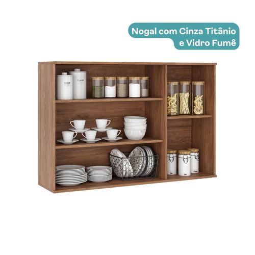 Armário Aéreo de Cozinha 120 cm 2 Pts de Vidro e 1 Pta Milla Carraro Nogal com Cinza Titânio