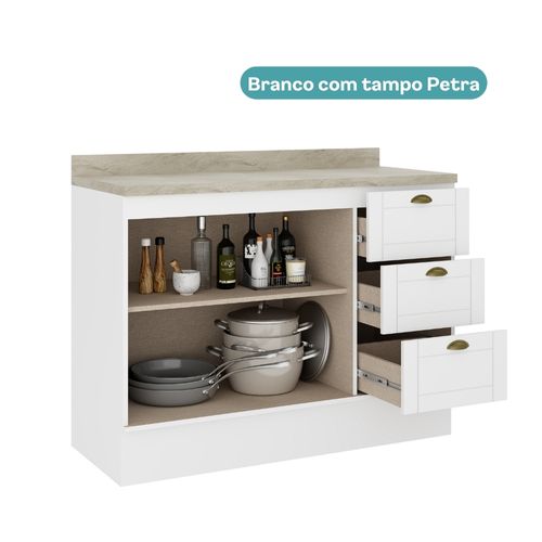 Balcão de Cozinha 120 cm 2 Pts 3 Gav MDF c/ Tampo Milla Carraro Branco