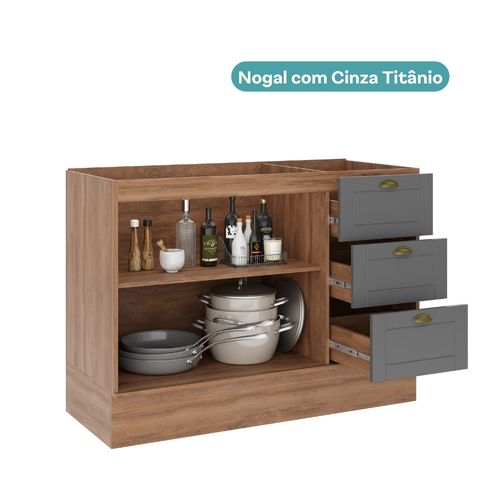 Balcão de Cozinha 120 cm 2 Pts 3 Gav s/ Tampo Milla Carraro Nogal com Cinza Titânio