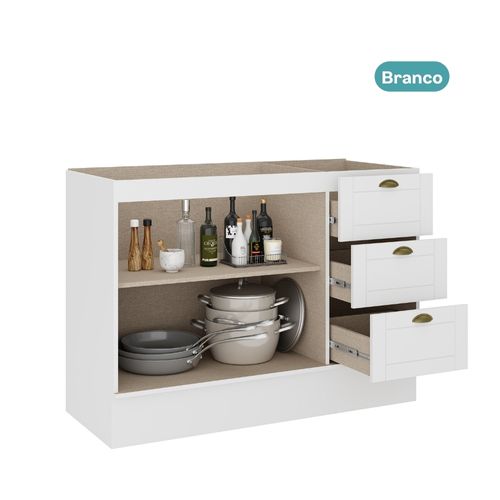 Balcão de Cozinha 120 cm 2 Pts 3 Gav MDF s/ Tampo Milla Carraro Branco