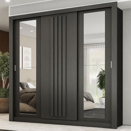 Guarda Roupa Casal 3 Portas Doha c/ Espelhos Laterais Carraro Preto Touch