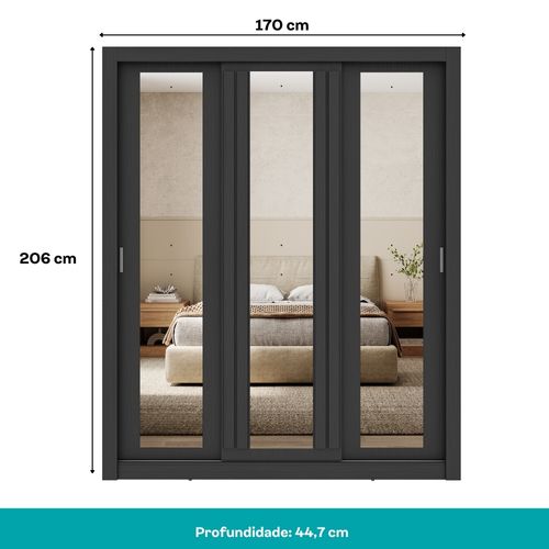 Guarda Roupa Casal 3 Portas Doha c/ 3 Espelhos Carraro Preto Touch