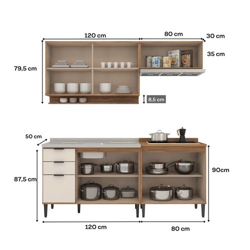 Armário de Cozinha Completa c Balcão Miami Concept Carraro Off White c Freijó