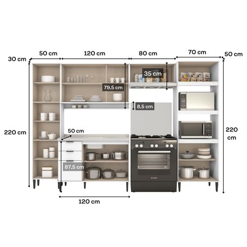 Armário de Cozinha Completa c Balcão Miami Pulse Carraro Branco
