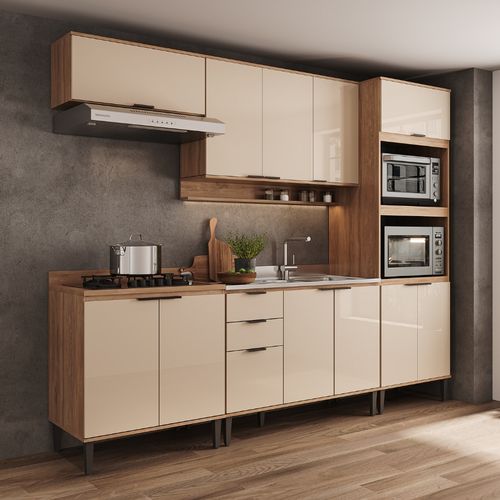 Armário de Cozinha Completa c Balcão Miami Essence Carraro Off White c Freijó