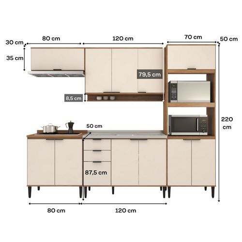 Armário de Cozinha Completa c Balcão Miami Essence Carraro Off White c Freijó