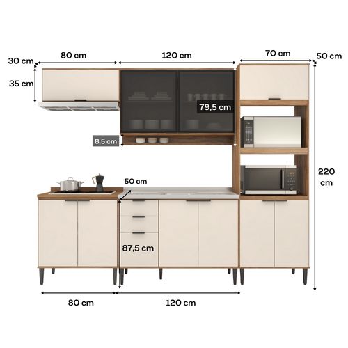 Armário de Cozinha Completa c Balcão Miami Design Carraro Off White c Freijó
