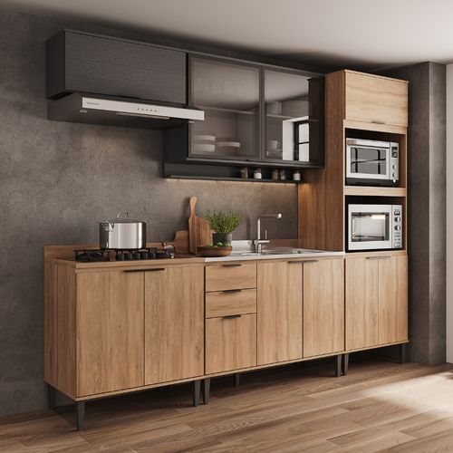 Armário de Cozinha Completa c Balcão Miami Studio Carraro Preto c Freijó