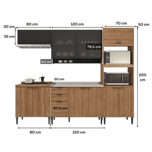 Armário de Cozinha Completa c Balcão Miami Studio Carraro Preto c Freijó