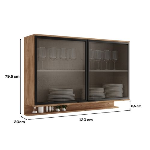 Armário Aéreo de Cozinha Miami 1200mm 2 Pts de Vidro c Porta Temperos Carraro Freijó