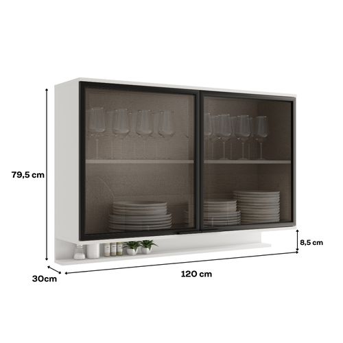 Armário Aéreo de Cozinha Miami 1200mm 2 Pts de Vidro c Porta Temperos Carraro Branco