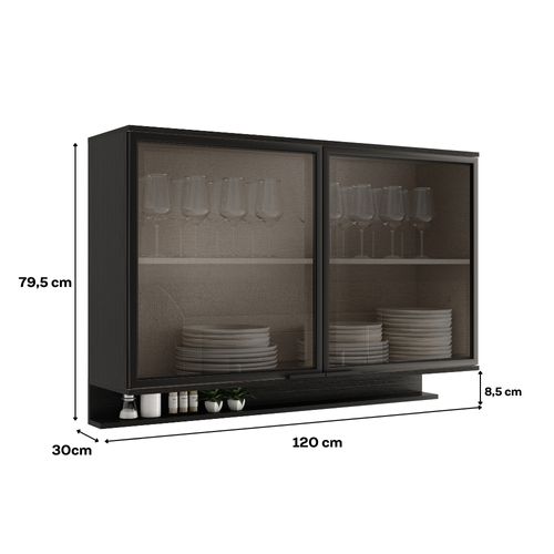 Armário Aéreo de Cozinha Miami 1200mm 2 Pts de Vidro c Porta Temperos Carraro Preto Touch