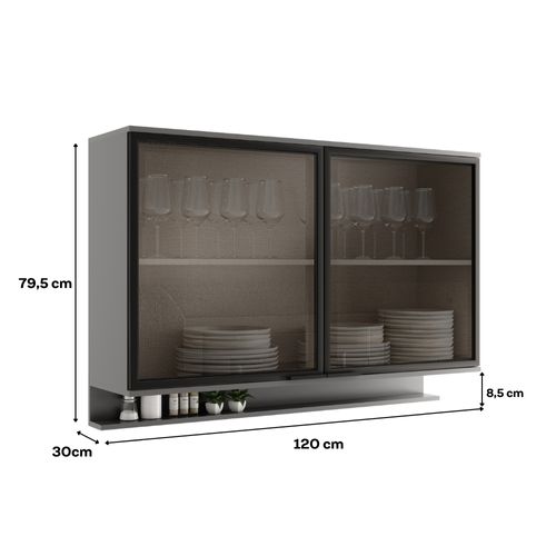 Armário Aéreo de Cozinha Miami 1200mm 2 Pts de Vidro c Porta Temperos Carraro Cinza Titânio