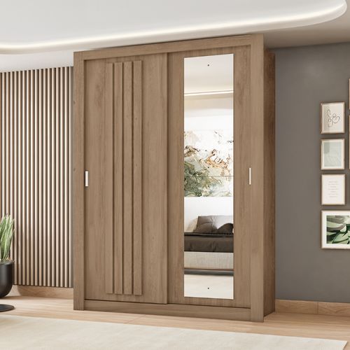 Guarda Roupa Solteiro 2 Portas Darvi  Lux 2 Gavetas Carraro Ripado Noce com Linho