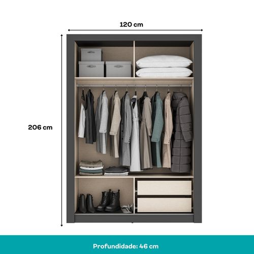 Guarda Roupa Solteiro 2 Portas Darvi Lux 2 Gavetas Carraro Ripado Preto Touch