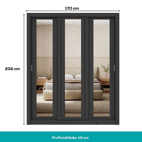 Guarda Roupa Casal 3 Portas Doha Prime 2 Gavetas Carraro Ripado Preto Touch