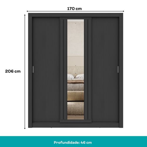 Guarda Roupa Casal 3 Portas Doha Lux 2 Gavetas Carraro Ripado Preto Touch