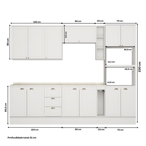 Armário de Cozinha Completa c Balcão Milla Dreamer Carraro Branco