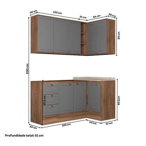 Armário de Cozinha Completa c Balcão Milla Whisper Carraro Nogal Cinza Titânio
