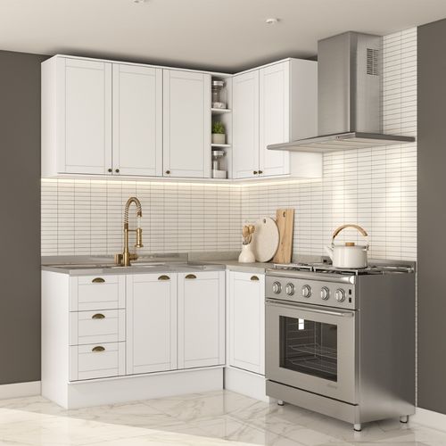 Armário de Cozinha Completa c Balcão Milla Whisper Carraro Branco