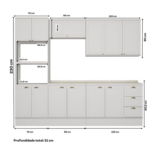 Armário de Cozinha Completa c Balcão Milla Bloom Carraro Branco