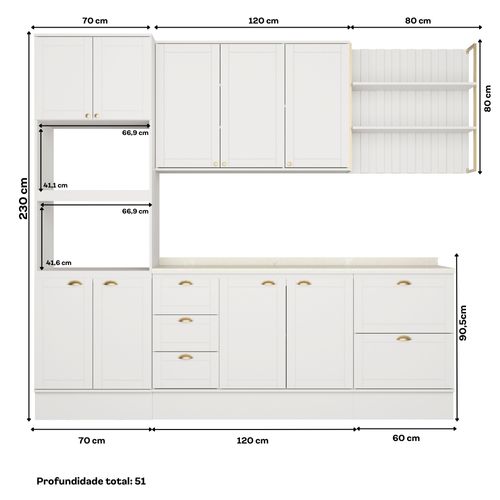 Armário de Cozinha Completa c Balcão Milla Glimmer Carraro Branco