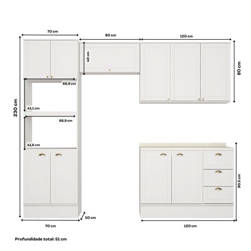 Armário de Cozinha Completa c Balcão Milla Charm Carraro Branco