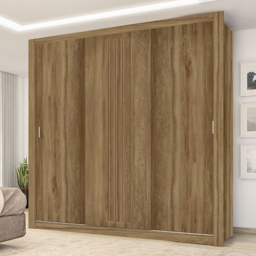 Guarda Roupa Casal 3 Portas Doha Carraro Ripado Noce com Linho