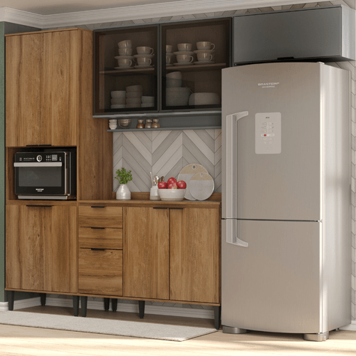 Armário de Cozinha Completa Miami Motion Freijó com Cinza Titânio