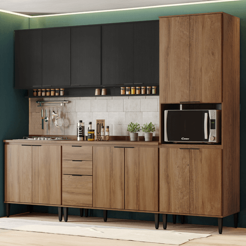 Armário de Cozinha Completa Miami Lift Preto Touch com Freijó