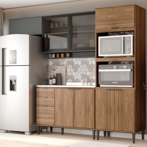 Armário de Cozinha Completa c Balcão Miami Fast Carraro Freijó com Cinza Titânio