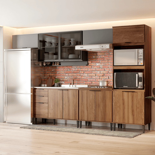 Armário de Cozinha Completa Miami Wave Freijó e Cinza Titânio