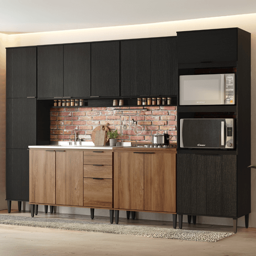 Armário de Cozinha Completa Miami Look Preto Touch com Freijó