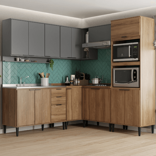 Armário de Cozinha Completa Miami Flow Freijó com Cinza Titânio