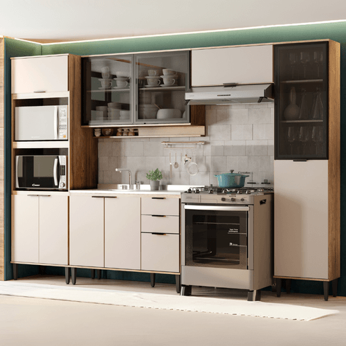 Armário de Cozinha Completa Miami Cool Freijó com Off White