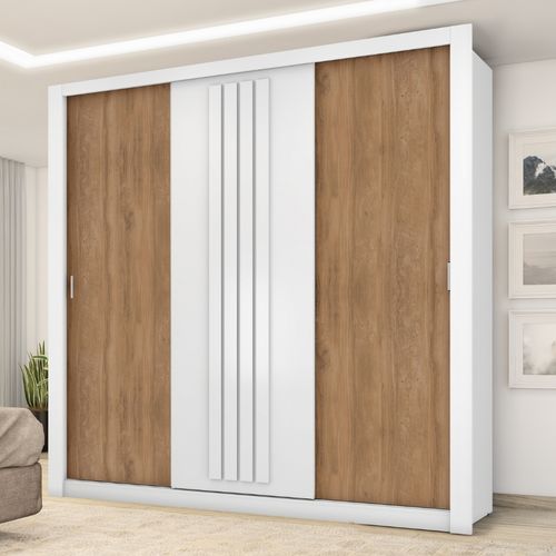 Guarda Roupa Casal 3 Portas Doha Carraro Ripado Branco com Freijó