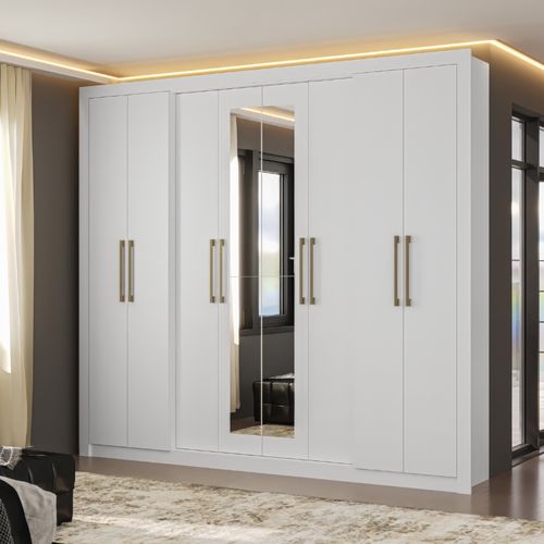 Guarda Roupa Solteiro 8 Portas 4 Gavetas Espelho Branco