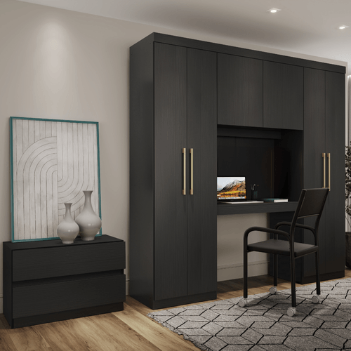 Guarda Roupa Solteiro 6 Portas 2 Gavetas Porto Preto com Escrivaninha