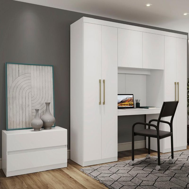 Guarda Roupa Solteiro 6 Portas 2 Gavetas Porto Branco com Escrivaninha Carraro-1769179215015