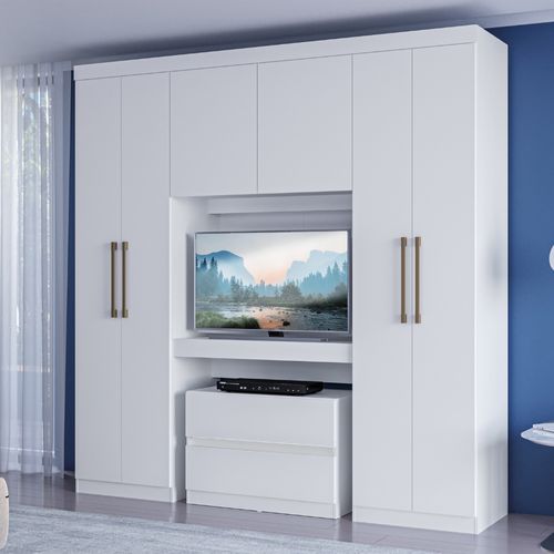 Guarda Roupa Solteiro 6 Portas 2 Gavetas Porto Branco com Painel de TV Carraro