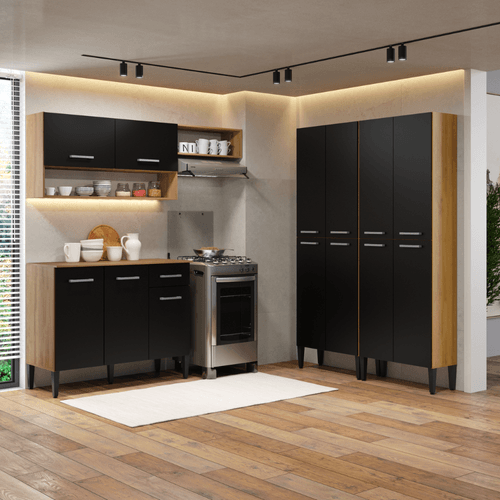 Armário de Cozinha Compacta Arizona Fusion Theree Carraro Carvalho com Preto